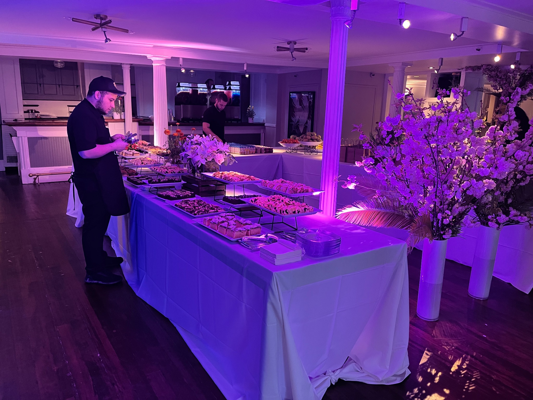 Decorated kosher buffet under event lighting